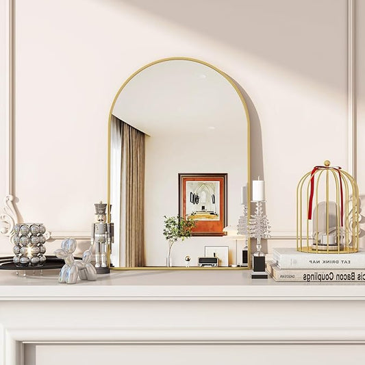 Arched Wall Mirror, 16 x 24 inch Arch Bathroom Mirror, Wall Mounted Vanity Mirror with Arch Metal Frame, Modern Bathroom Vanity Mirror for Bedroom, Living Room, Hanging or Leaning, Gold