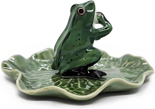 Tiny 2" High Dark Green Frog On 4" Wide Lotus Leaf Incense Holder - Ceramic Incense Stick Tray Porcelain Miniature Handmade Animals Figurine Display Cute Mini Colorful Décor Gift