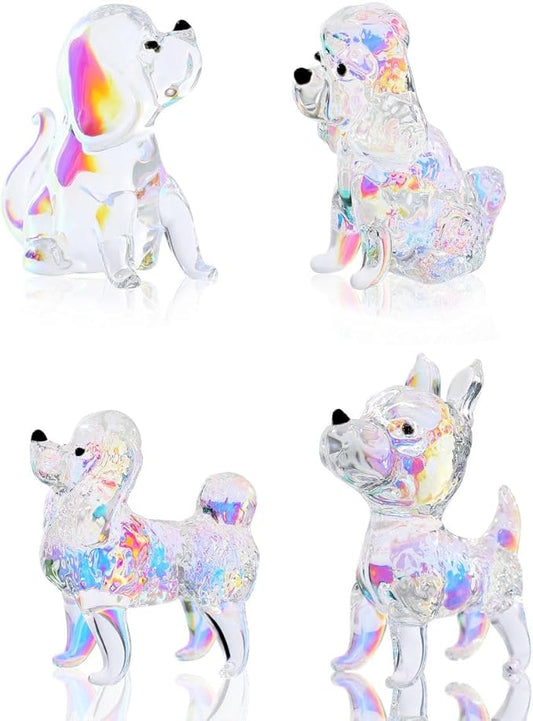 Crystal Glass Dog Figurines 4PCS Set Puppy Statues Animal Ornament Handmade Sculpture for Home Decor