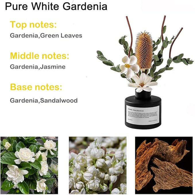 Reed Diffuser Set with Dried Flowers, 3.38fl.oz Fragrance Diffuser with Sticks, Scented Sticks Aroma Diffuser, Home & Office Décor for Air Fresheners, Bathroom (Pure White Gardenia)