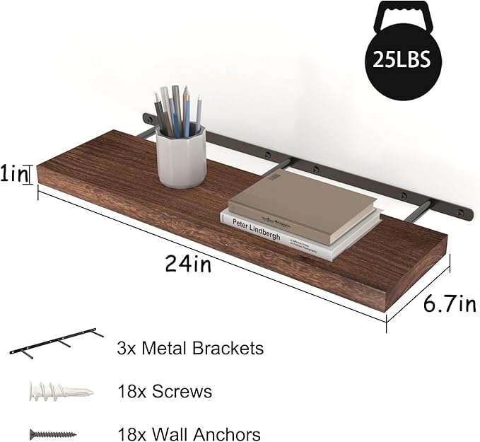 Floating Shelves 24 Inch Wall Shelf Solid Wood Mounted Storage for Bedroom Living Room Set of 3, Rustic Brown Wall Shelves