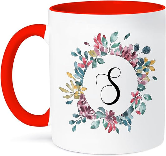 3dRose Coffee Mug, Size - 15oz - Pretty Watercolor Floral Circle Frame With A Monogram Initial S Monogram Initial - funny coffee cup gift