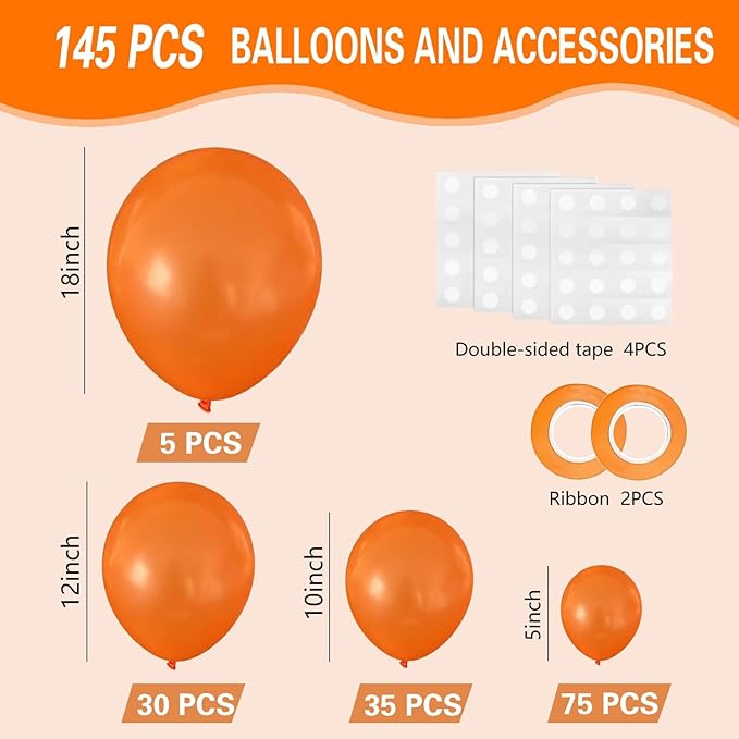 Orange Balloons 145pcs Different Sizes 18 12 10 5 Inch Arch Kit Garland for Thanksgiving Halloween Baby Shower Birthday Party Decorations