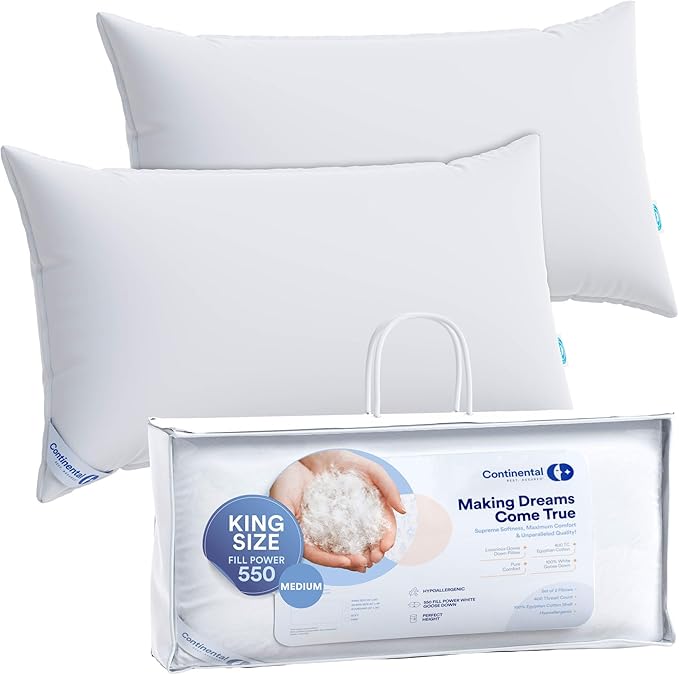 Continental Bedding Medium King Set of 2 100% White Down Pillows 30 Ounce 550FP Hotel Down Pillows for Supporting Back Side and Stomach Sleepers