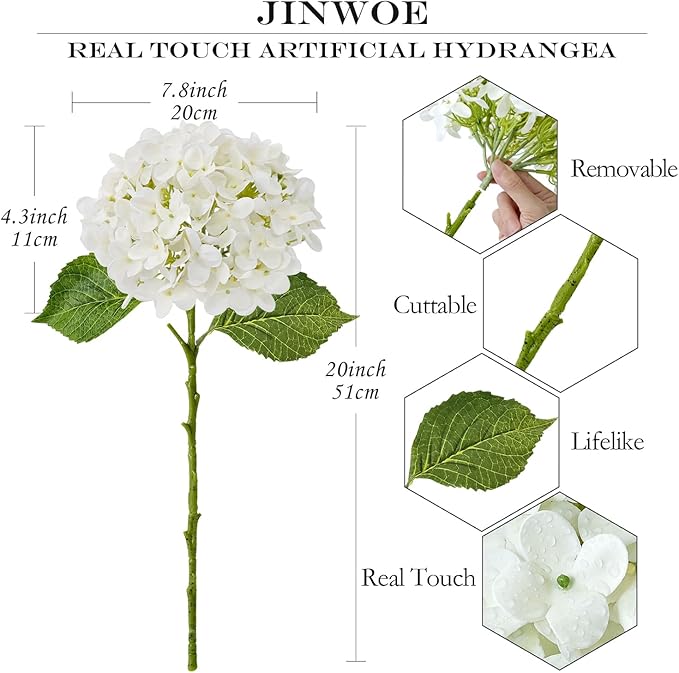 Hydrangea Artificial Flowers, Ivory White Lifelike Latex Silk Real Touch Faux Hydrangea Flowers, Artificial Hydrangeas Bouquet for Wedding Centerpieces Tables Party Home
