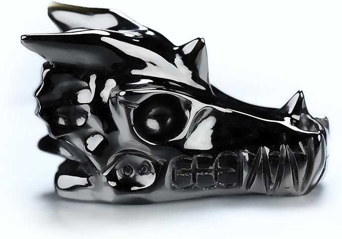 Skullis 2.0" Black Obsidian Hand Carved Crystal Dragon Skull Sculpture, Crystal Healing.1511