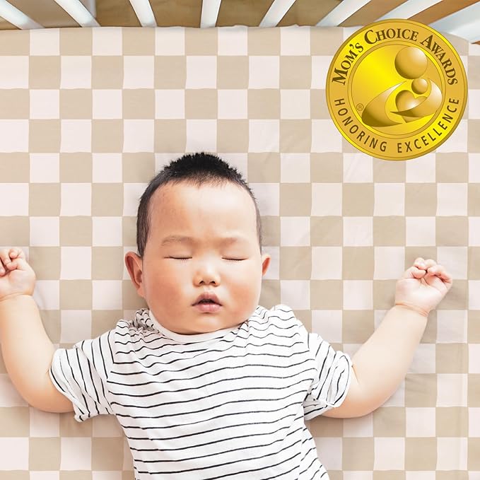 The Peanutshell Organic Crib Sheets for Boys or Girls, Breathable Super Soft 100% Jersey Cotton, Checkered Baby Items, Gender Neutral Nursery Bedding, 4 Pack Set for 28x52 Mattresses, Brown Beige Teal
