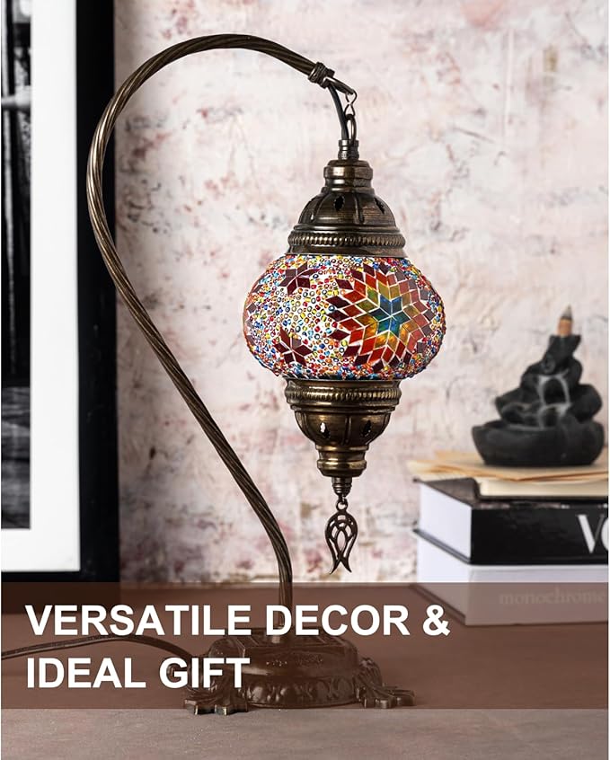Kafthan Turkish Moroccan Mosaic Lamp – Handmade Glass Swan Neck Bedside Lamp with Antique Brass Base, Ideal Decor for Bedroom, Office, Living Room – Bulb Included (Multicolor Center Star)