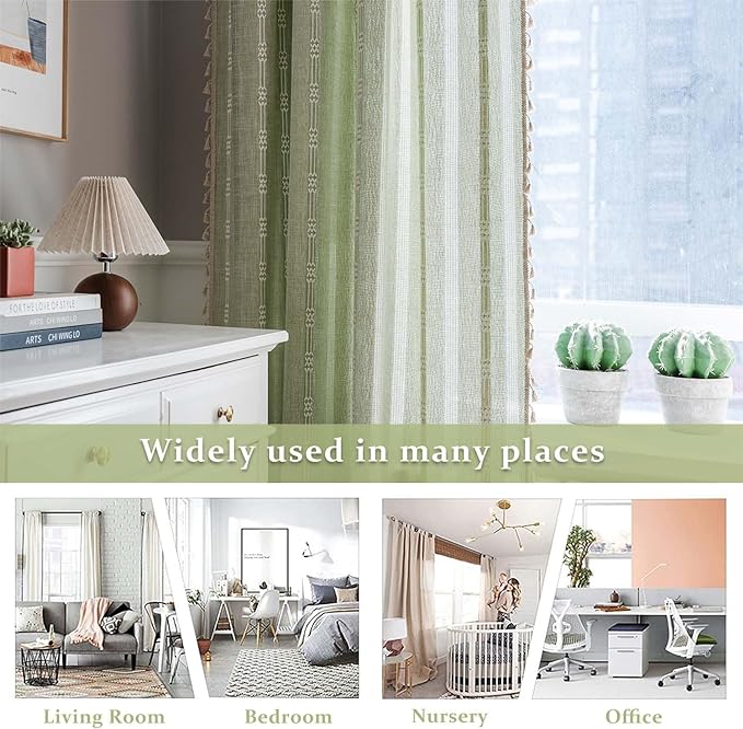 ColorBird Sage Curtain 84 inch Length, 2 Panels Farmhouse Linen Curtains for Living Room, Light Filtering Embroidered Curtains & Drapes for Dining Bedroom Nursery Doorways