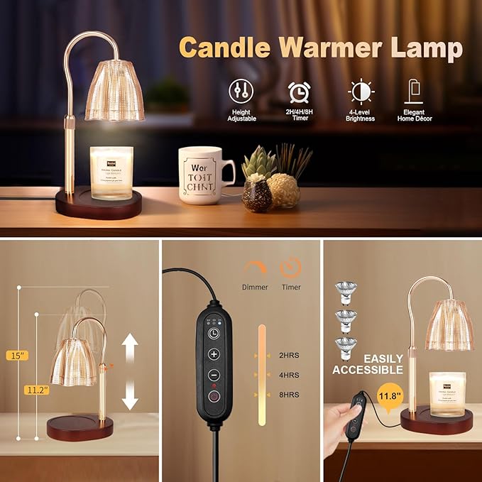 Candle Warmer Lamp with Timer & Dimmer, Candle Warmer Height Adjustable, Fits All Jar Scented Candles, Candle Lamp with 3 Bulbs, Charming Gift Box with Ribbon for Gifting