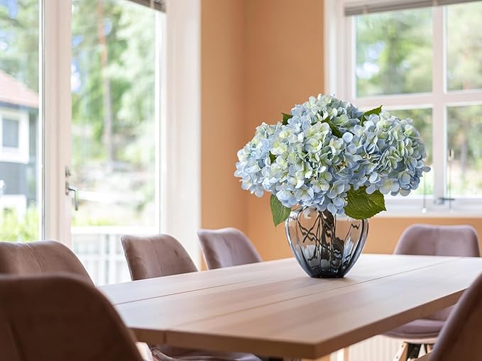 20" 4PCS Artificial Light Blue Hydrangea Flowers Large Faux Latex Real Touch Fake Hydrangeas Silk Bouquet with Leaves Stems for Family Table Office Wedding Party Arrangements