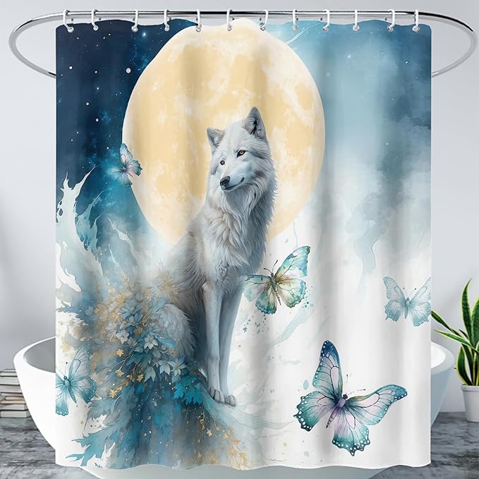 AILONEN 3D Printed Wolf Shower Curtain, Watercolor Floral Wolf Bath Curtain for Boys Girls Kids,Modern Minimalist White Waterproof Fabric Shower Curtain 72" W*72" H