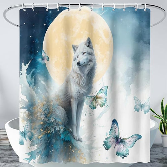 AILONEN 3D Printed Wolf Shower Curtain, Watercolor Floral Wolf Bath Curtain for Boys Girls Kids,Modern Minimalist White Waterproof Fabric Shower Curtain 72" W*78" H