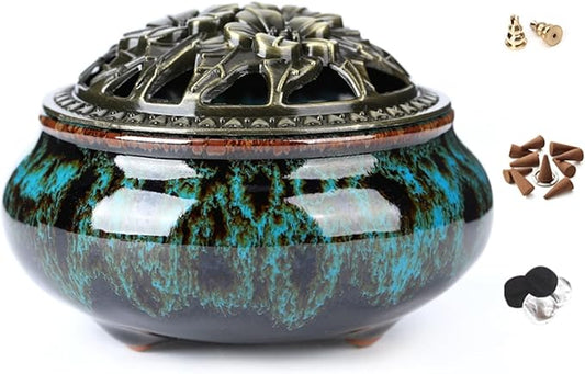 Ceramic Incense Burner with Incense Stick Holder + Insulation use for Stick or Coil Incense, Sage Cones and Frankincense (Fambe Blue)