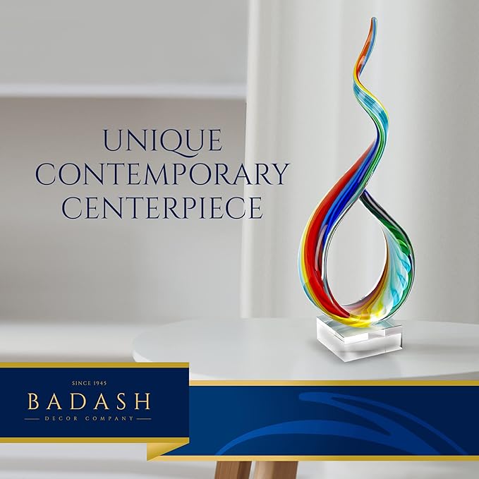 Badash Rainbow Murano-Style Sculpture - Home Decor Statue Glass Art - 18" Tall Mouth-Blown on Crystal Base