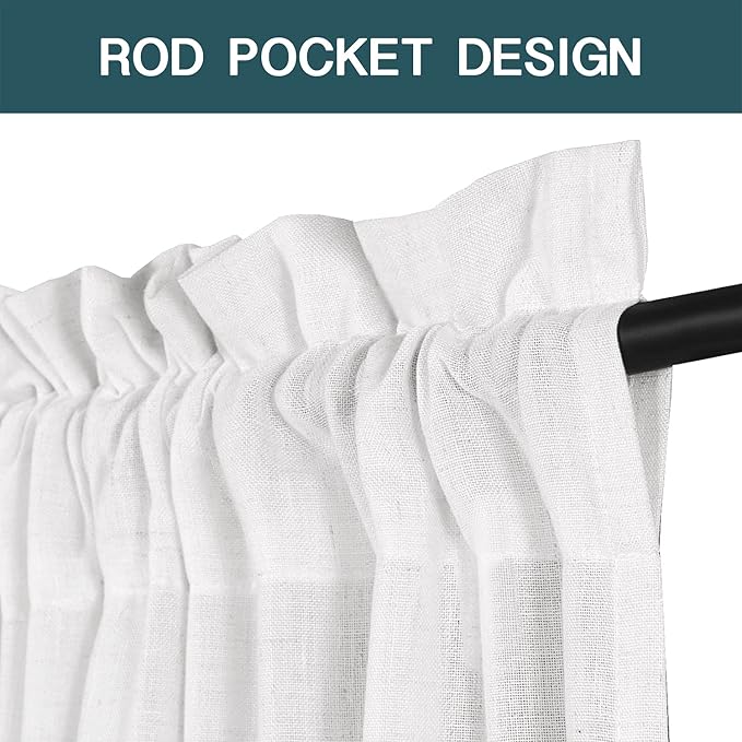 FantasDecor White Sheer Linen Curtains for Living Room 84 inch Length Rod Pocket Flax Linen Burlap Semi Sheer with Light Filtering Privacy Window Treatments for Bedroom, W52 x L84, White