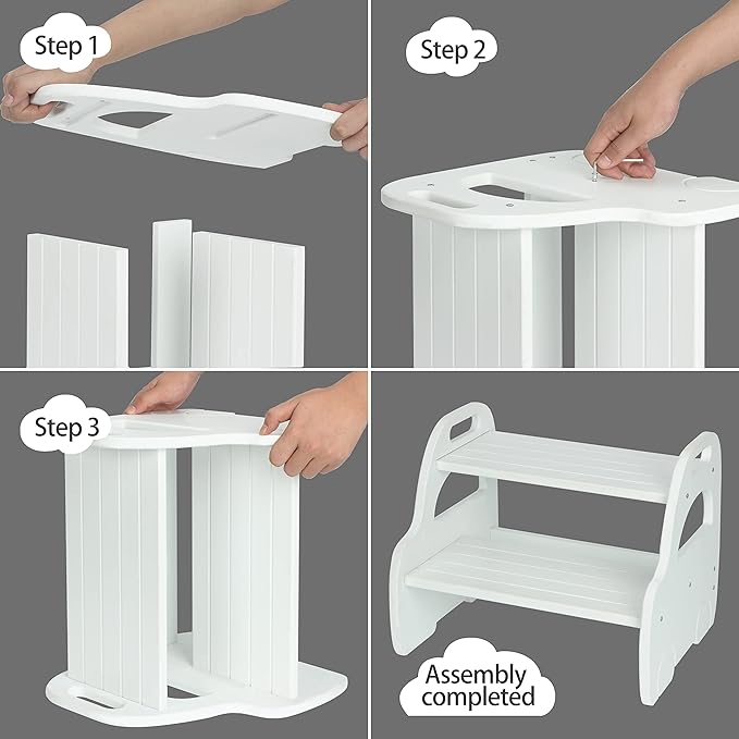 AMBIRD Wooden Step Stool, Two Step Stools Toddler with Safety Non-Slip Pads and Handles, White Bamboo Step Stool for Bathroom, Bedroom, Kitchen Step Stools Kids