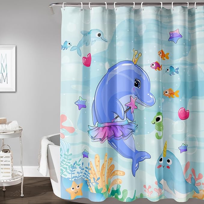 AILONEN Cute Dolphin Shower Curtain for Bathroom, Dolphin Fish Ocean Bath Curtain,Modern Minimalist Blue Waterproof Fabric Shower Curtain Set with Hooks 72" W*96" H