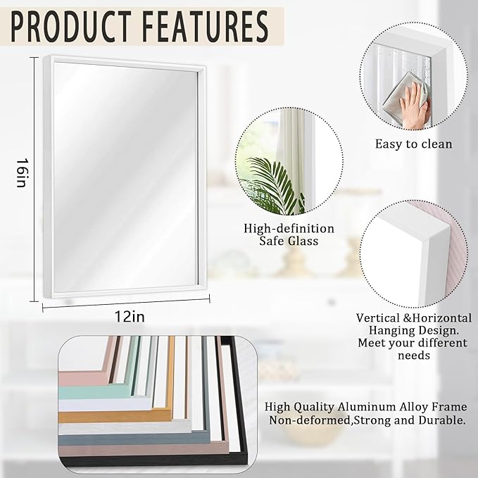 AAZZKANG Mirrors for Wall Rectangular Metal Frame Mirror for Farmhouse Bathroom Bedroom Living Room Home Entryway Hanging Vertically or Horizontally White Small