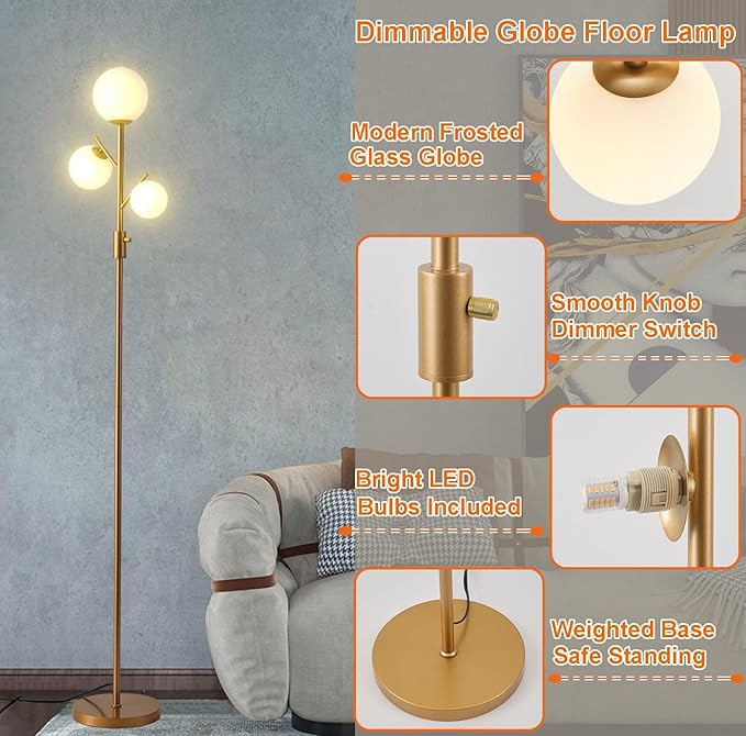 Fiqevs Dimmable Globe Floor Lamp, 3 x 800LM LED Bulbs Included Brightness Adjustable, Mid Century Modern Glass Floor Lamps for Living Room, Gold Standing Tall Lamp for Bedroom Office Dining Room