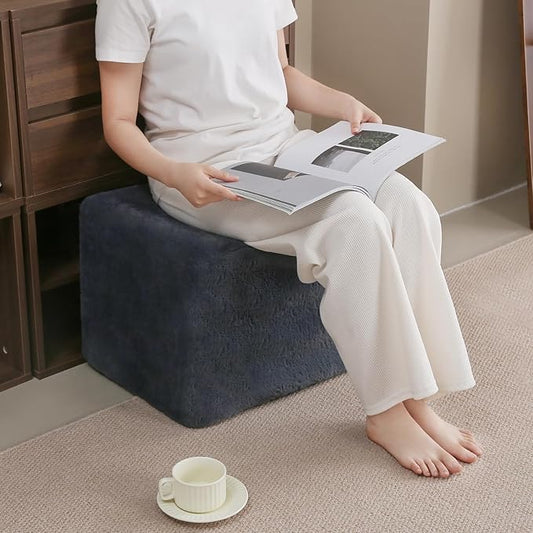 Tiita Stuffed Pouf Ottoman, Square Foot Stool Fluffy Floor Poufs Chair for Living Room Bedroom, Filled Boho Foot Rest for Couch, Blue-Grey