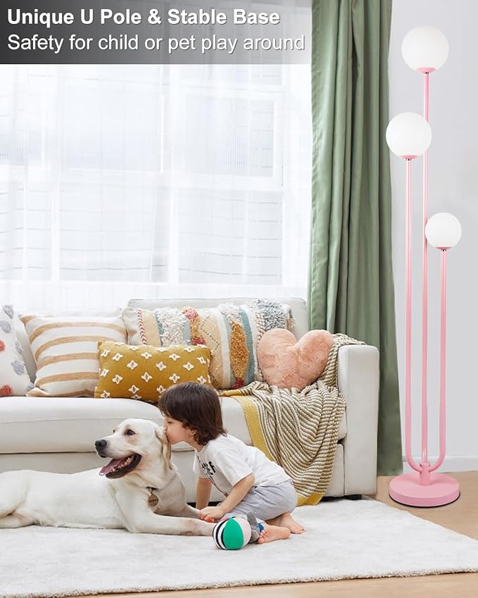 63IN 3-Light Floor Lamp, Unique Tall Standing Lamps with 3 Pink Poles and 3000K G9 Bulbs for Reading, Mid Century Modern Floor Lamp for Living Room Bedroom Office