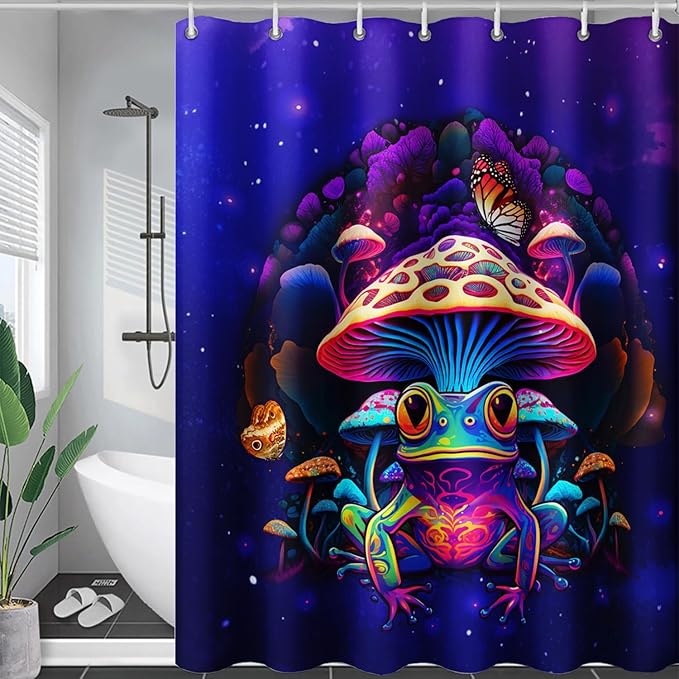 AILONEN Colorful Frog Shower Curtains,Poisonous Mushroom Printed Bath Curtains for Kids,Purple Polyester Waterproof for Bathroom,72" W*72" H with 12 Plastic Hooks