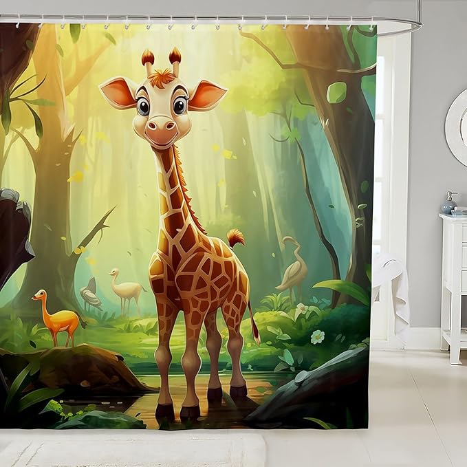 Feelyou Cute Giraffe Fabric Shower Curtain Cartoon Animal Shower Curtain for Teens Wildlife Bathroom Waterproof Accessories with 12 Hooks Wild Animal Curtains,72x84 Inches