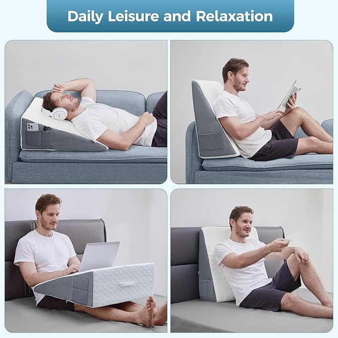 7.5" Wedge Pillow,New Patented Ergonomic Contour Design,Memory Foam Triangle Wedge Pillow for Back Pain Relief, Acid Reflux, Gerd, Heartburn and Snoring,Post Surgery Pillow for Body Elevation
