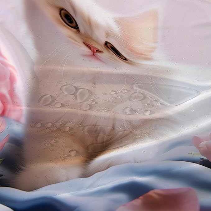 AILONEN 3D Beautiful Cat Shower Curtain,Kawaii Kitten Shower Curtain Set for Kids Boys Girls,Cat Lovers Animal Shower Curtain for Bathroom,Pink Rose Bath Curtain with Hooks,72" W*96" H