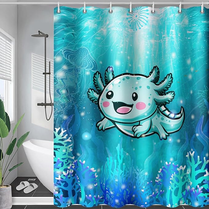 AILONEN Cute Axolotl Kids Shower Curtain for Bathroom,Blue Ocean Jellyfish Coral Print Bath Curtain 72" W*96" H,Girls Boys Kawaii Salamander Decorative Waterproof with 12 Plastic Hooks