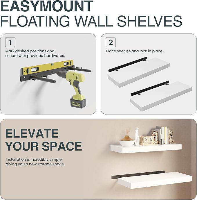 BATODA Set of 2 17" White Floating Shelves Wall Mounted for Bathroom – Wooden Decorative Wall Bookshelf - Storage Shelf Organizer for Home, Bedroom, Kitchen - Black Bracket, Shelving Mounting Included