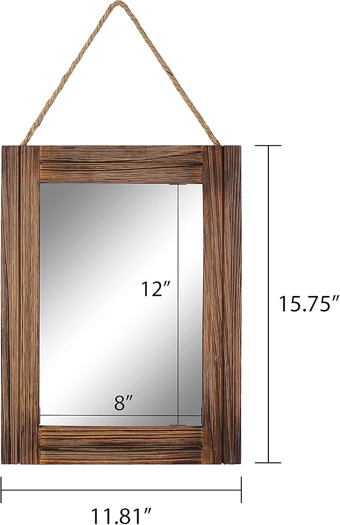 16 X 12 Inch Rustic Wood Framed Wall Mirror with Hanging Rope for Farmhouse Decor, for Entryway, Bedroom, Bathroom, Dresser, Brown