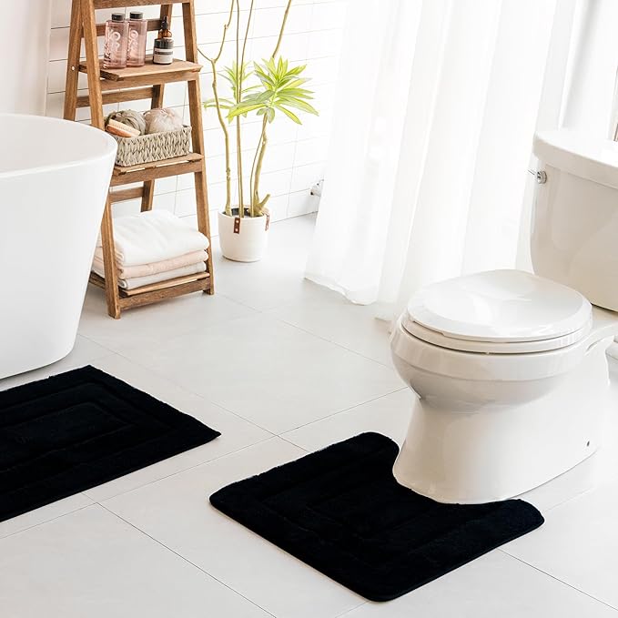 GRANNY SAYS Bathroom Toilet Rugs U Shaped, Bath Mats for Bathroom, Shower Room Rugs Non Slip Washable, Absorbent Microfiber Toilet Mat, Soft Plush Shaggy Bath Carpet, 20" x 24", Black