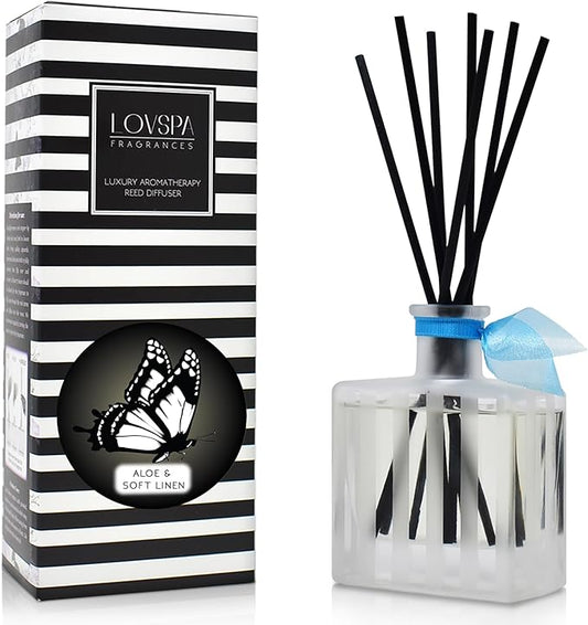 LOVSPA Aloe & Linen Reed Diffuser Set - Clean Scent Diffuser for Home with Long Lasting Fragrance - Non-Toxic Oil Reed Diffuser - Made in The USA