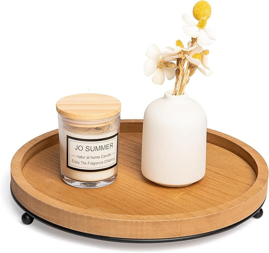 GENMOUS Round Wooden Tray for Coffee Table, Decorative Tray with Iron Bead for Home Decor, Candle Tray Rustic Farmhouse Trays Centerpiece for Living Room Decor, Kitchen Counter Table Dining Decor