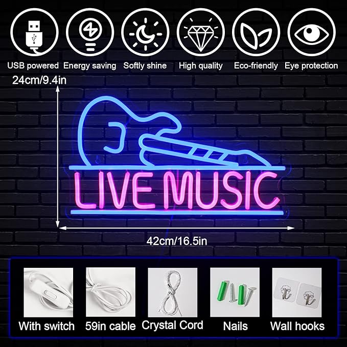 Guitar Neon Signs for Wall Decor, Live Music Neon Lights for Bedroom, Guitar Led Light up Sign with USB Powered for Party, Bar, Club