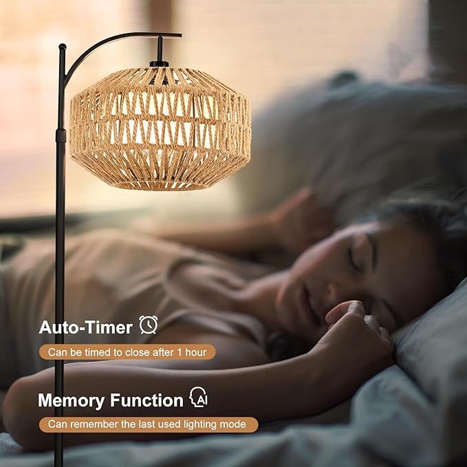 Boho Rattan Floor Lamps for Bedroom with 3 Color Temperatures, 72'' Modern Farmhouse Floor Lamp 360°Rotatable with Shades/Remote/12W Bulb(Included)/Adjustable Height for Living Room, Office