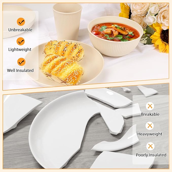 Lzerking Wheat Straw Dinnerware Sets for 8, 32-Piece Plates and Bowls Sets for Kitchen, Reusable Unbreakable Dinnerware Set for Camping, RV, Picnic