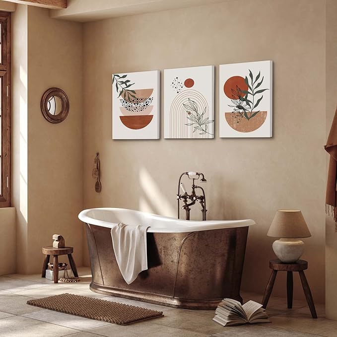 Boho Wall Art Prints, Boho Wall Decor, Abstract Geometric Prints Black Beige Terracotta Minimalist Art, Natural Framed Canvas Prints Artwork For Living Room Bathroom Bedroom Wall Decor