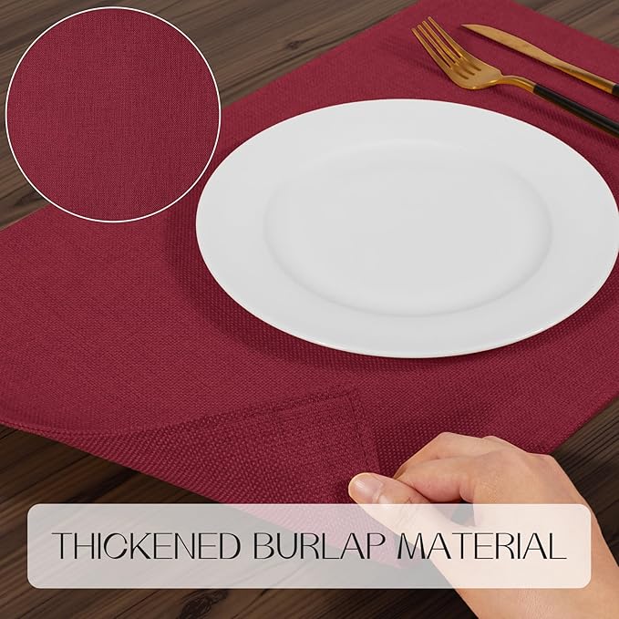 Romanstile Cloth Placemats Set of 8-12 x 18 Inch, Heat Resistant Double Layered Thickened Burlap Christmas Place Mats, Washable Faux Linen Farmhouse Table Mats for Kitchen/Dining/Party/Outdoor, Red
