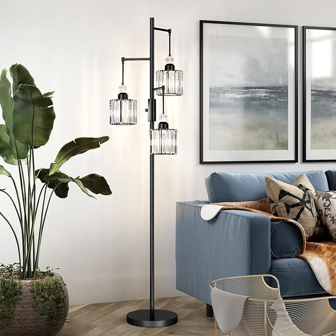 70" Black Tree Floor Lamp with 3 Crystal Cage Lampshades & Dimmable Bulbs - Vintage Glam Standing Lamp for Living Room Bedroom, Industrial Modern Decor with Crystal Ball Accents