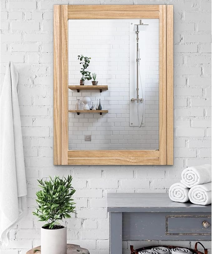 AAZZKANG Rustic Mirrors for Wall with Rectangular Wood Frame Decorative for Farmhouse Bedroom Bathroom Living Room Home Office Large 26"x18"