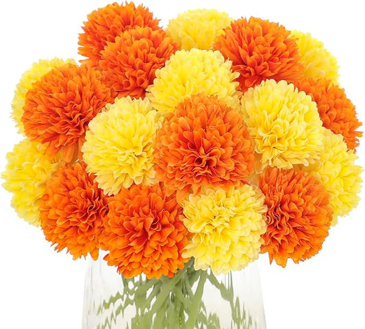 Kimura's Cabin 20Pcs Fake Silk Ball Flower Artificial Chrysanthemum Flowers Fake Mums Bouquets Wedding Arrangements Decor Festival Home Table DIY Decoration Center (Orange Yellow)