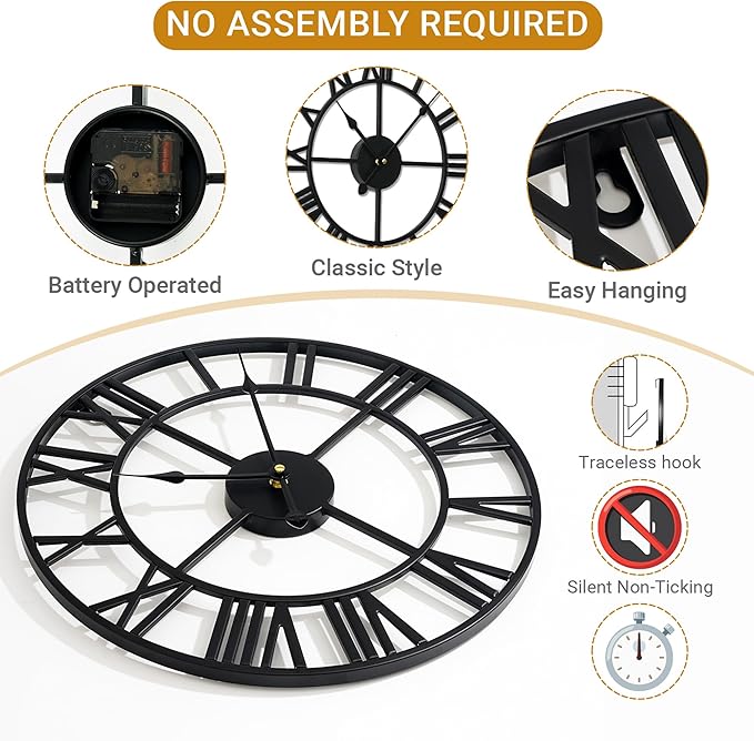 16inch/40cm Wall Clock for Bedroom，Living Room，Office，Bathroom，Battery Operated Large Silent Retro Unique Clocks for Home and Kitchen，Classroom，Farmhouse (Iron Roman Numerals, 16 inches)