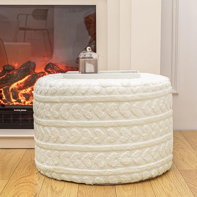 Round Pouf Ottoman 20x14 Inches Soft Heart Printed Footstool Ottomans for Living Room Comfort Floor Pouf Modern Foam Stuffed Poofs Perfect to Rest Your Feet for Couch Desk Ivory