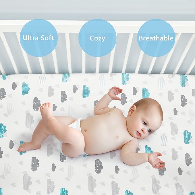 TILLYOU Baby Crib Sheets for Boys Girls, Fitted Crib Sheet 2 Pack for Standard Crib and Toddler Mattresses, Super Soft Toddler Bed Sheets, 28"x52"x8", Blue Clouds & Blue Stars