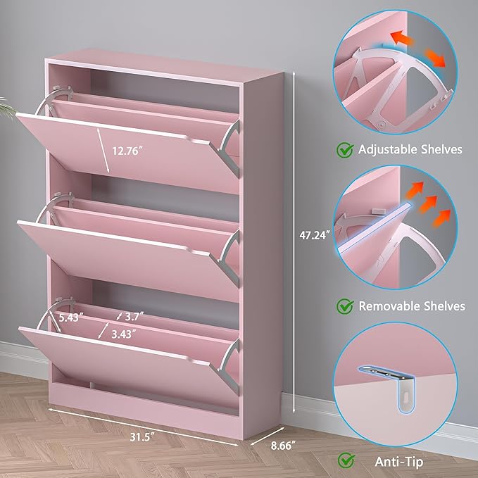 Shoe Cabinet with 3 Flip Drawers, Hidden Wood Shoe Cabinet,Freestanding Shoe Storage Cabinet for Entryway Hallway.White. 47.2" H*31.5" W*9.25" D (Pink)