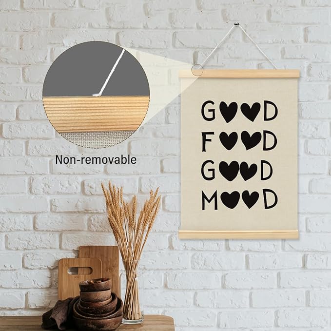 BIWSHA Good Food Good Mood Canvas Poster Framed Hanger 12x16 Inch,Funny Black Heart Kitchen Quotes Decor，Funny Words Poster，Kitchen Dining Room Decor