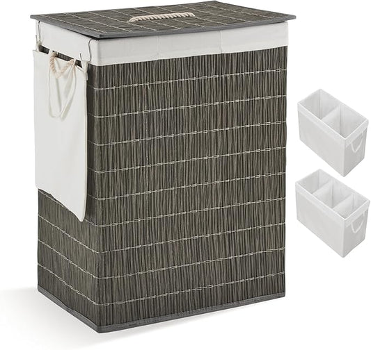 Laundry Hamper with Lid, 55.5 Gallon (210L), Large Handwoven Rattan Laundry Basket, 3 Section Clothes Hamper with Handles, 2 Removable Liner and Side Pocket, Grey